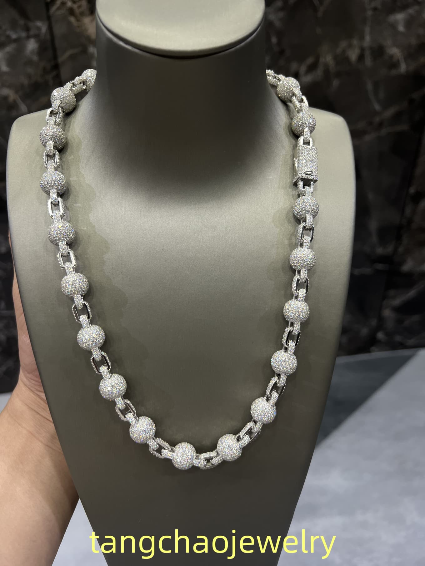 VVS Moissanite 925 Sterling Silver Miami Ball Necklace 12MM 22inches White
