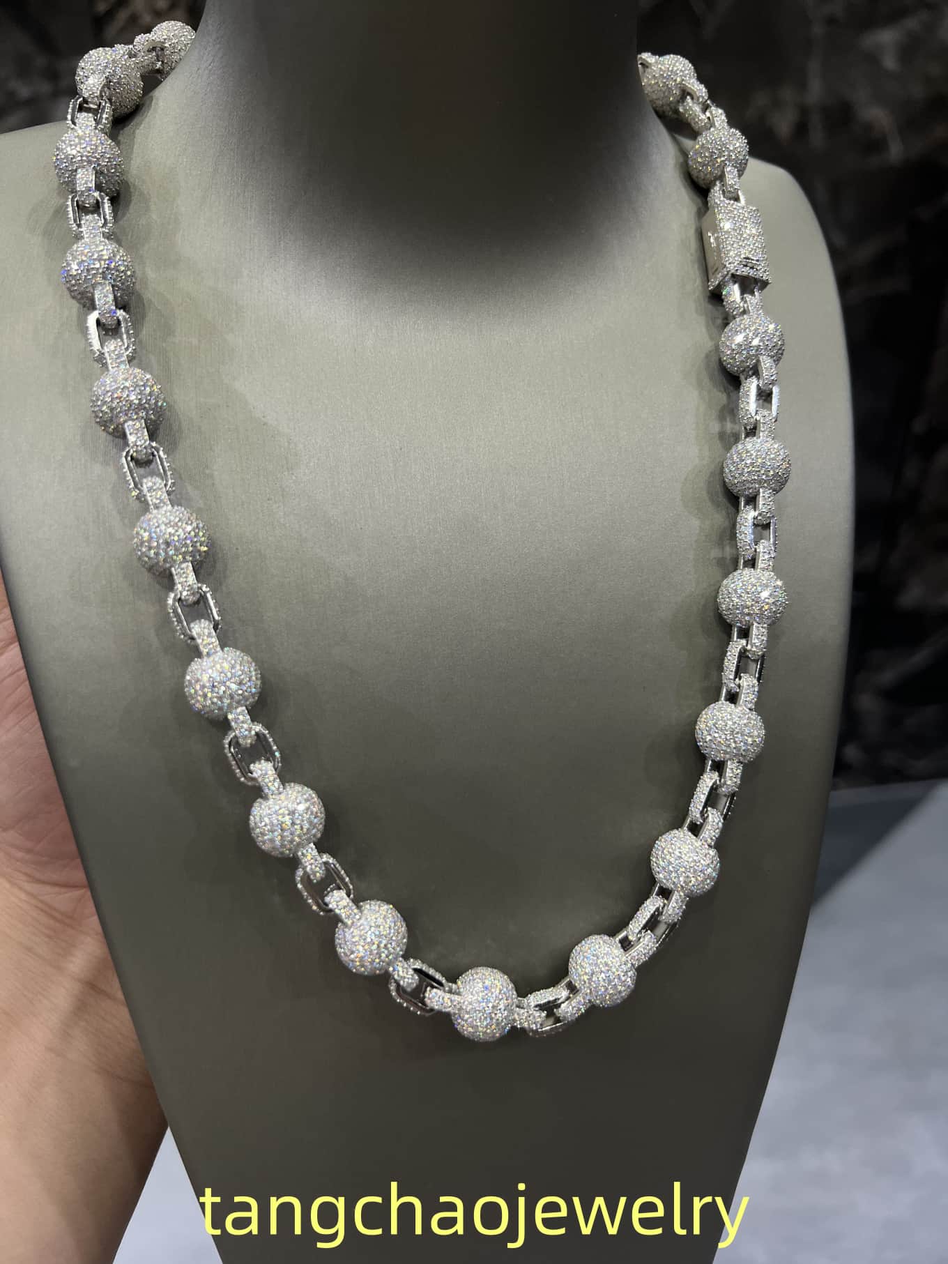 VVS Moissanite 925 Sterling Silver Miami Ball Necklace 12MM 22inches White