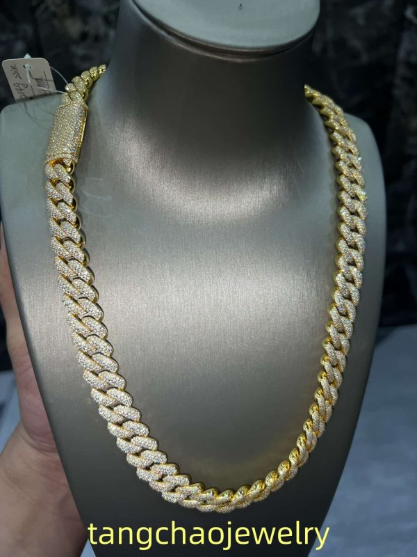 VVS Moissanite 925 Sterling Silver Miami Cuban Chain 14MM 22inches Yellow