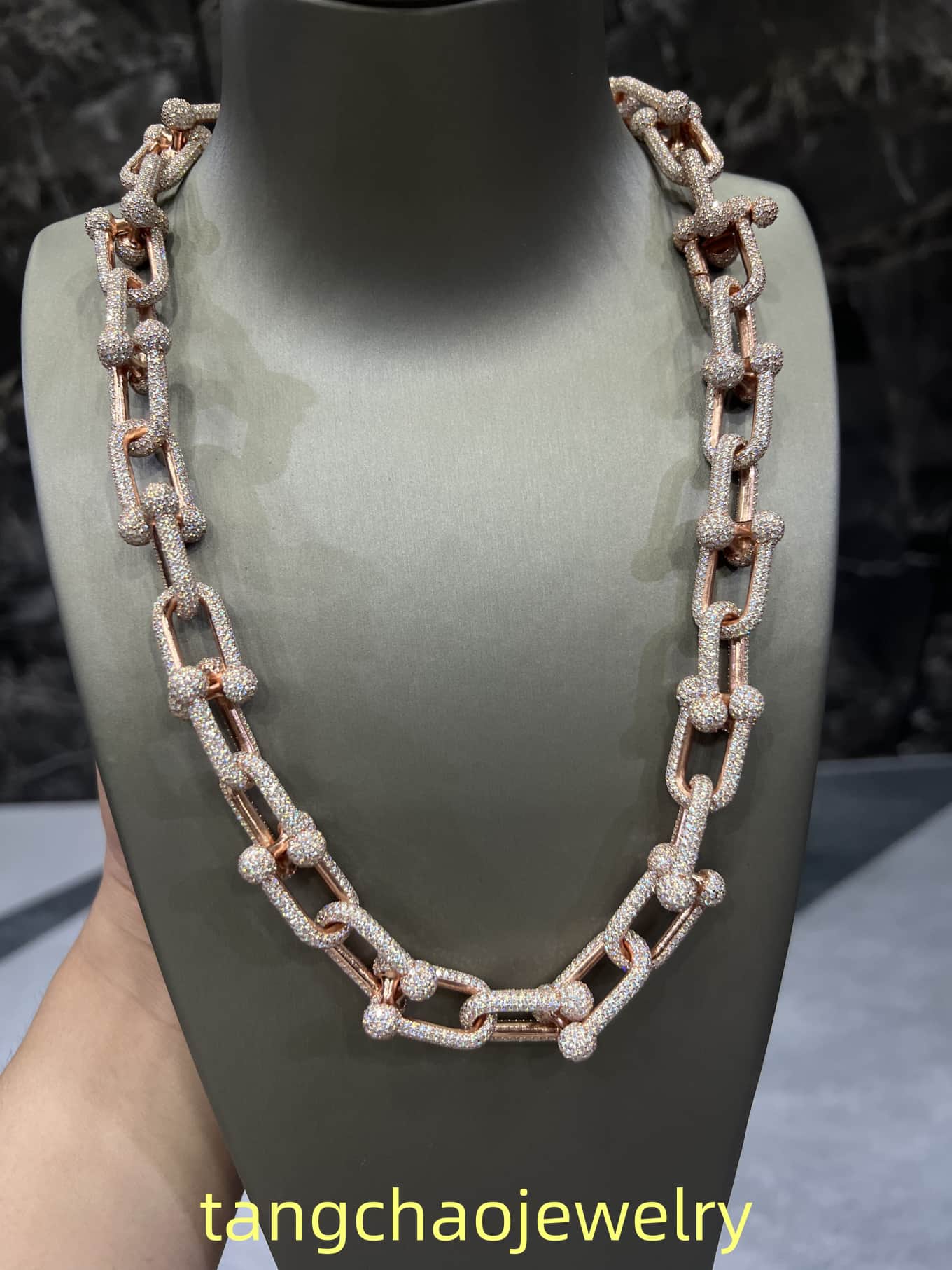 VVS Moissanite 925 Sterling Silver Miami Hermès Necklace 14MM 22inches Rose Gold
