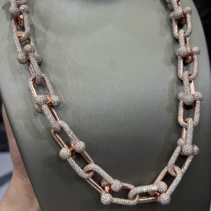 VVS Moissanite 925 Sterling Silver Miami Hermès Necklace 14MM 22inches Rose Gold