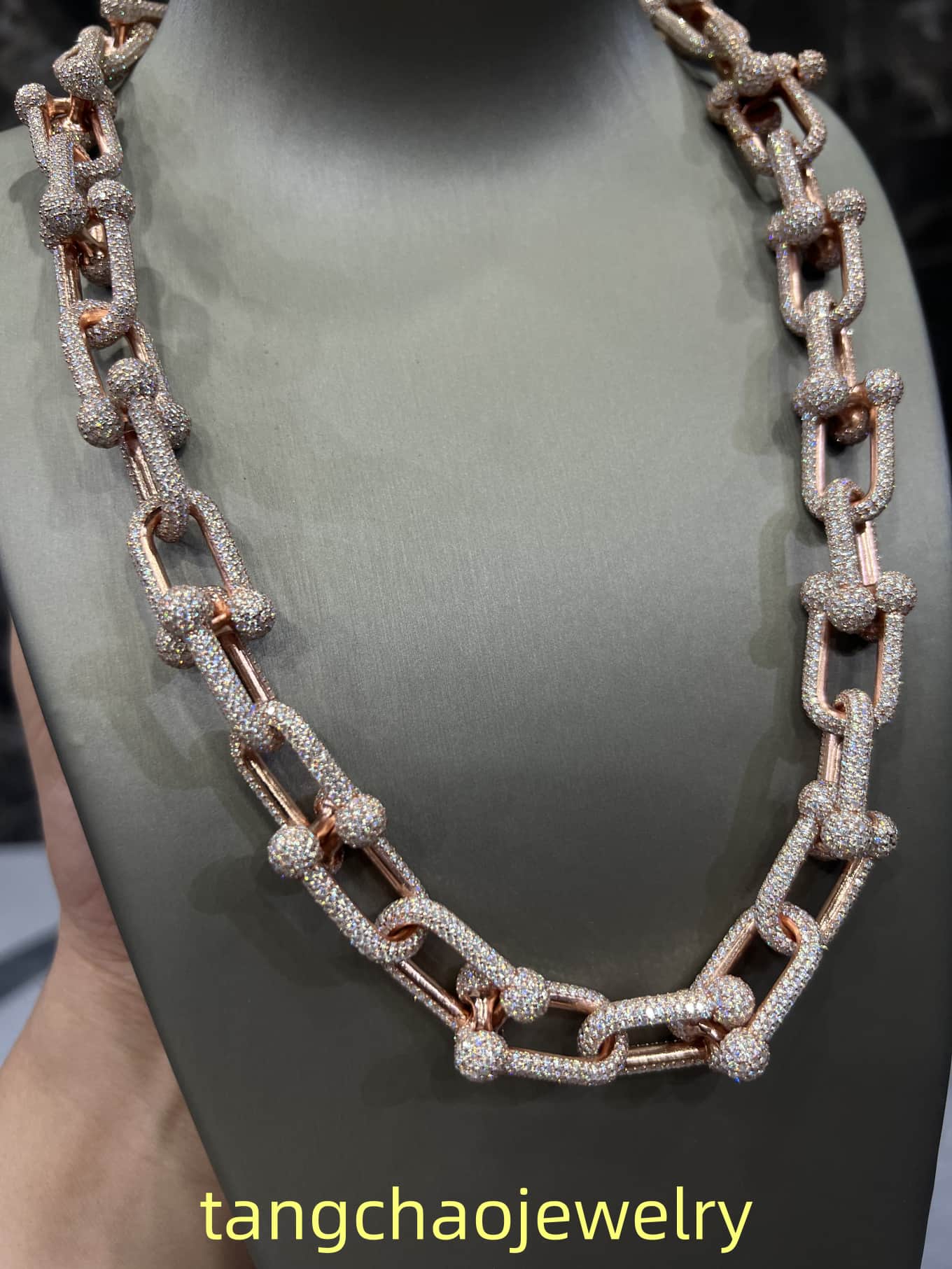 VVS Moissanite 925 Sterling Silver Miami Hermès Necklace 14MM 22inches Rose Gold