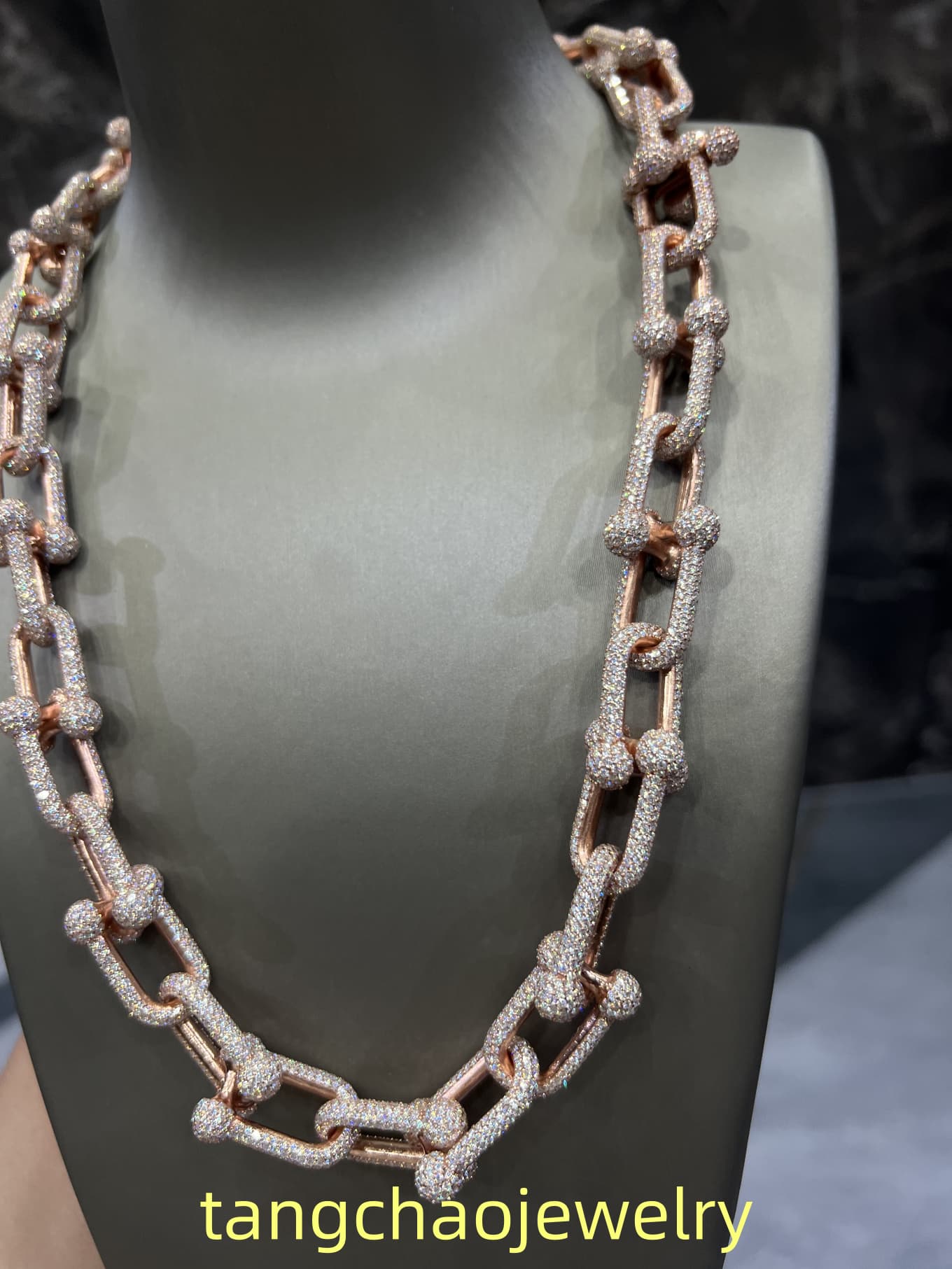 VVS Moissanite 925 Sterling Silver Miami Hermès Necklace 14MM 22inches Rose Gold