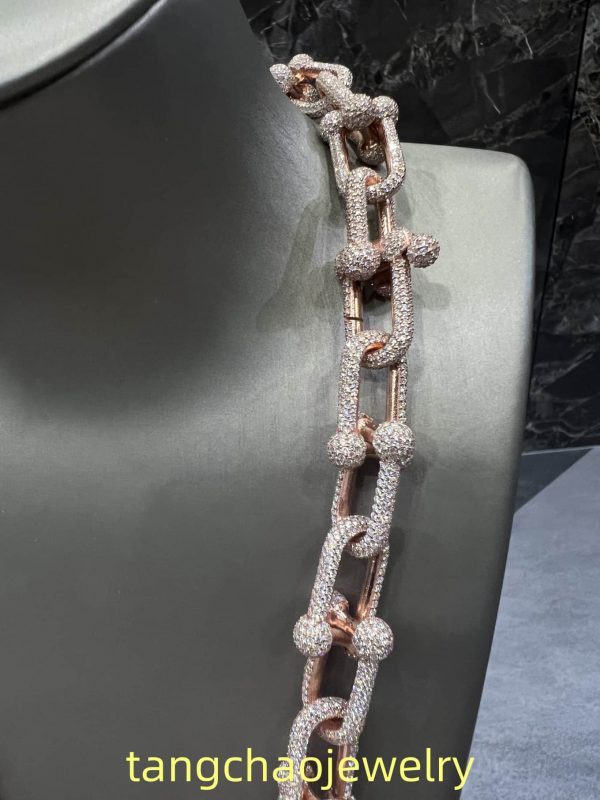 VVS Moissanite 925 Sterling Silver Miami Hermès Necklace 14MM 22inches Rose Gold