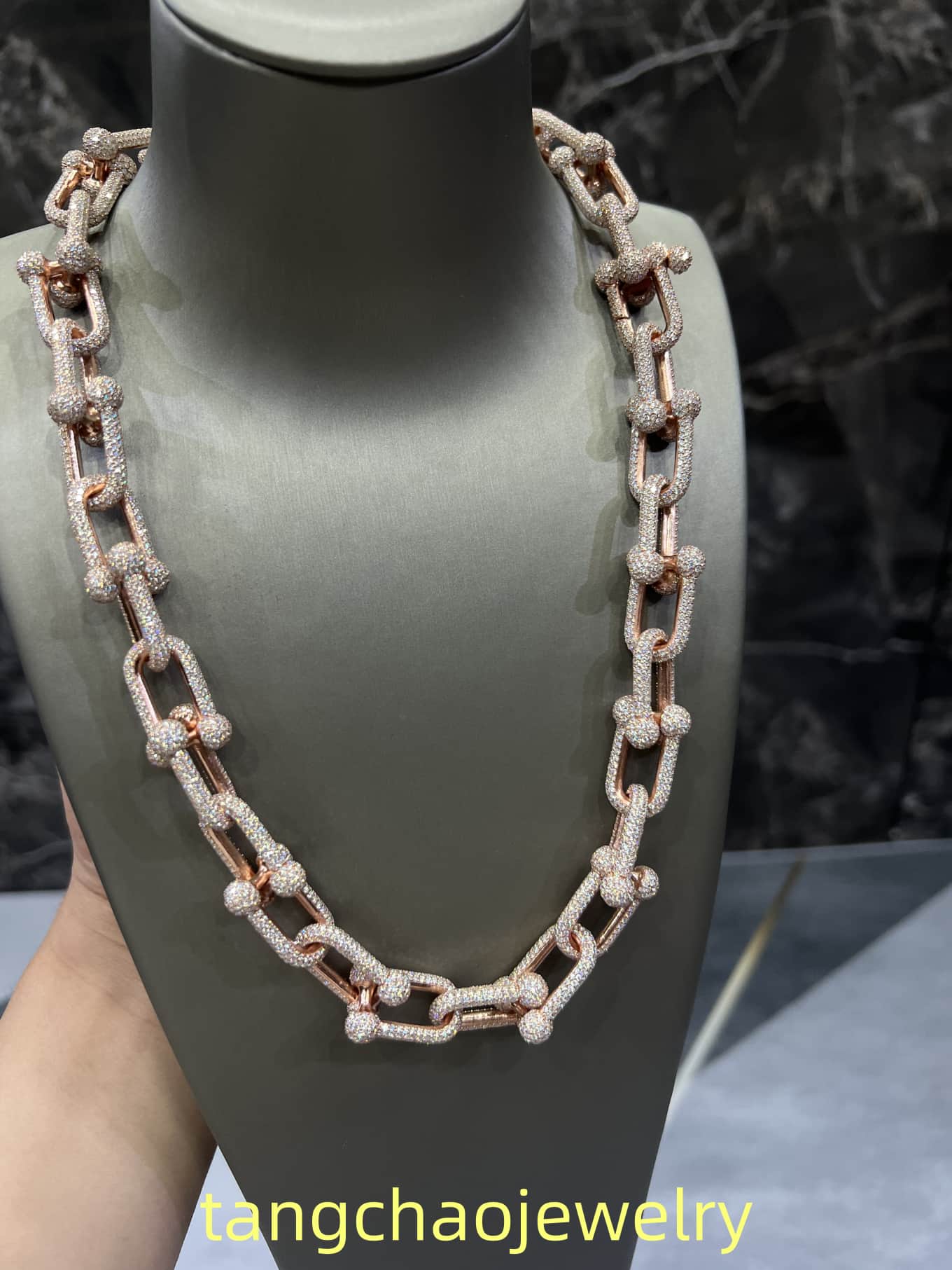 VVS Moissanite 925 Sterling Silver Miami Hermès Necklace 14MM 22inches Rose Gold