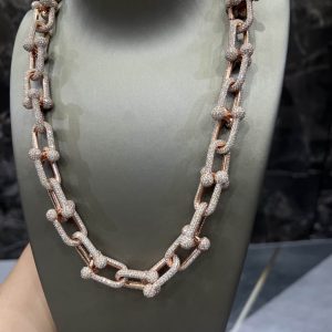 VVS Moissanite 925 Sterling Silver Miami Hermès Necklace 14MM 22inches Rose Gold