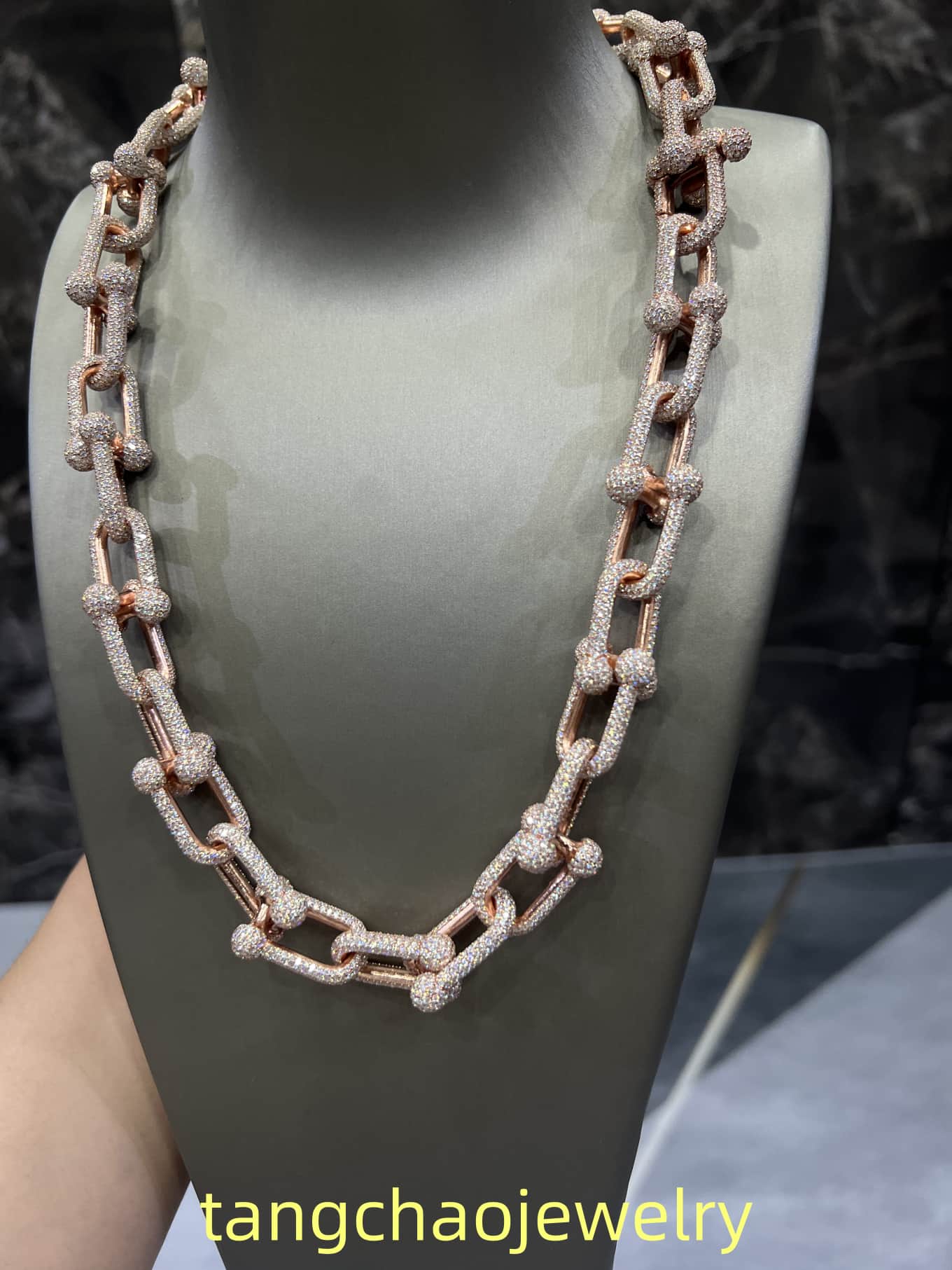 VVS Moissanite 925 Sterling Silver Miami Hermès Necklace 14MM 22inches Rose Gold