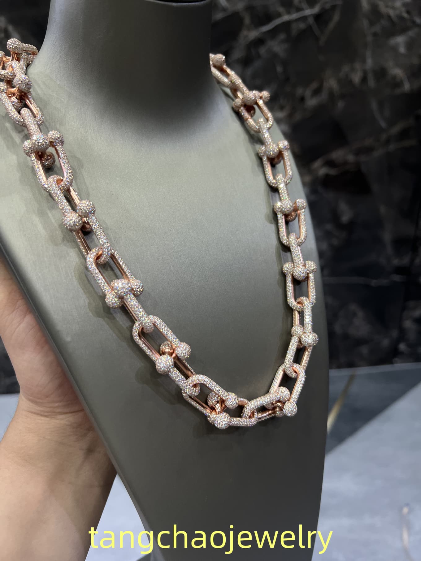 VVS Moissanite 925 Sterling Silver Miami Hermès Necklace 14MM 22inches Rose Gold
