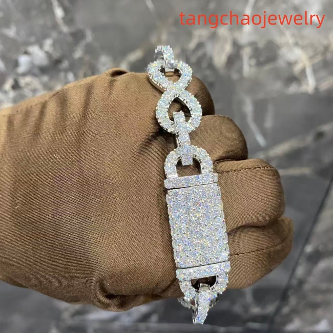 VVS Moissanite 925 Sterling Silver Bracelet, 16mm (8 inches), set with large diamonds.