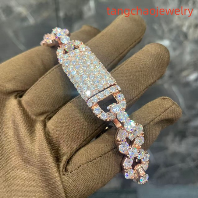 VVS Moissanite 925 Sterling Silver Bracelet, 17mm (8 inches), rose gold, set with large diamonds.