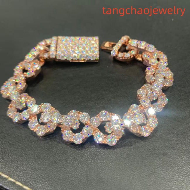 VVS Moissanite 925 Sterling Silver Bracelet, 17mm (8 inches), rose gold, set with large diamonds.