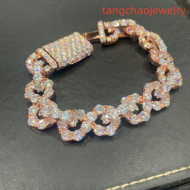 VVS Moissanite 925 Sterling Silver Bracelet, 17mm (8 inches), rose gold, set with large diamonds.