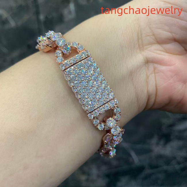VVS Moissanite 925 Sterling Silver Bracelet, 17mm (8 inches), rose gold, set with large diamonds.