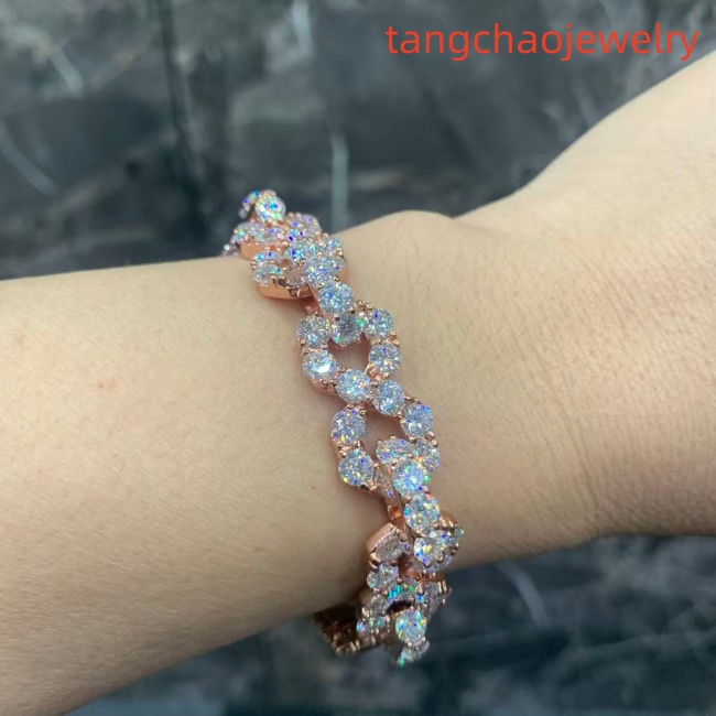 VVS Moissanite 925 Sterling Silver Bracelet, 17mm (8 inches), rose gold, set with large diamonds.