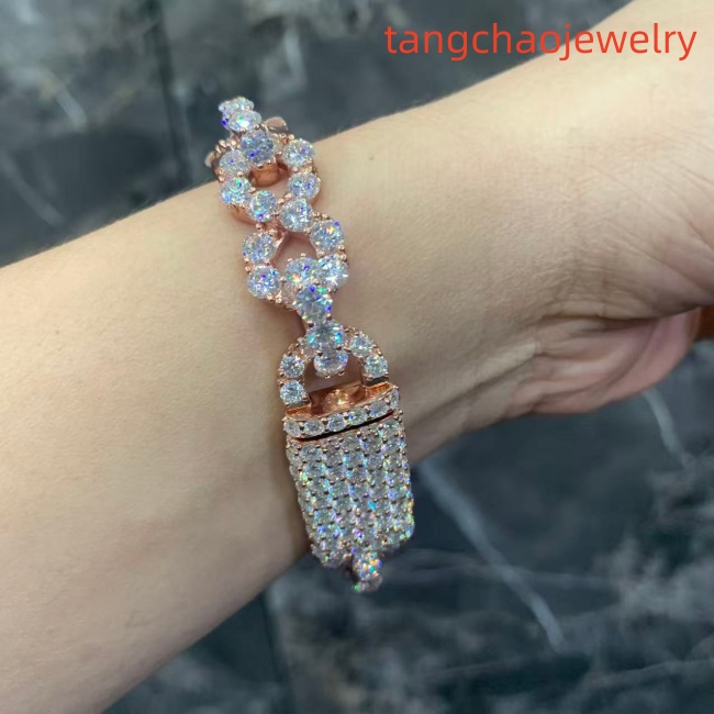 VVS Moissanite 925 Sterling Silver Bracelet, 17mm (8 inches), rose gold, set with large diamonds.