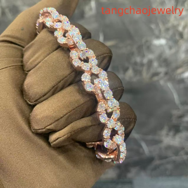 VVS Moissanite 925 Sterling Silver Bracelet, 17mm (8 inches), rose gold, set with large diamonds.