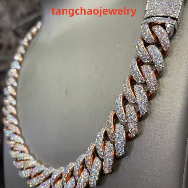 VVS Moissanite 925 Sterling Silver Miami Cuban Chain Two-tone Rose Gold 16mm 23inches