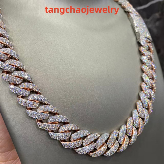 VVS Moissanite 925 Sterling Silver Miami Cuban Chain Two-tone Rose Gold 16mm 23inches