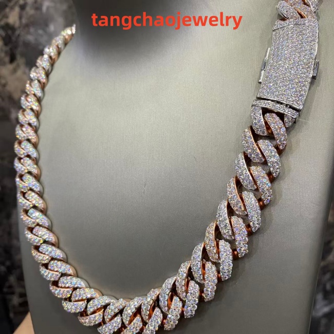 VVS Moissanite 925 Sterling Silver Miami Cuban Chain Two-tone Rose Gold 16mm 23inches
