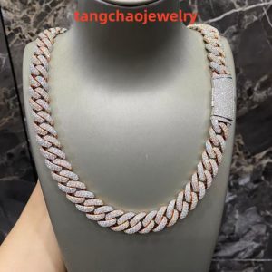 VVS Moissanite 925 Sterling Silver Miami Cuban Chain Two-tone Rose Gold 16mm 23inches