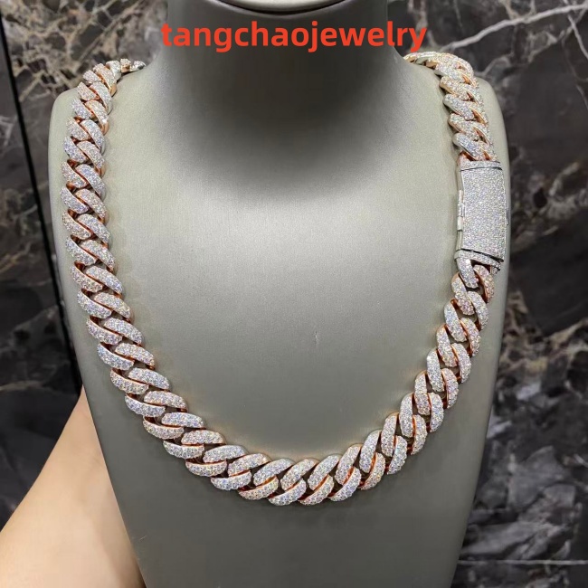 VVS Moissanite 925 Sterling Silver Miami Cuban Chain Two-tone Rose Gold 16mm 23inches