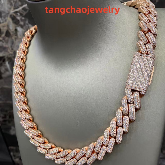 VVS Moissanite 925 Sterling Silver Miami Cuban Chain Rose Gold 16mm 20inches