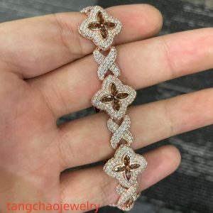 VVS Moissanite 925 Sterling Silver Miami Bracelet 9mm 8 inches, rose gold set with brown gemstones.
