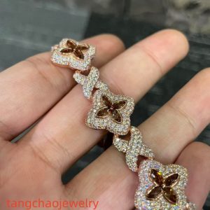 VVS Moissanite 925 Sterling Silver Miami Bracelet 9mm 8 inches, rose gold set with brown gemstones.
