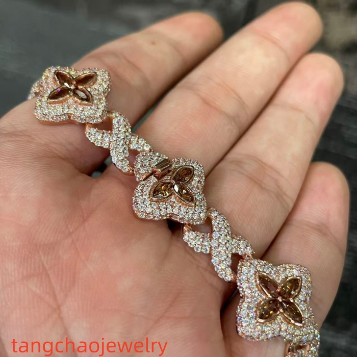 VVS Moissanite 925 Sterling Silver Miami Bracelet 9mm 8 inches, rose gold set with brown gemstones.