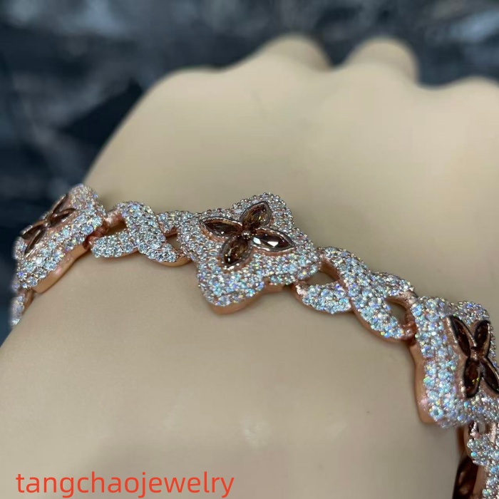 VVS Moissanite 925 Sterling Silver Miami Bracelet 9mm 8 inches, rose gold set with brown gemstones.