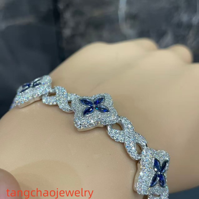 VVS Moissanite 925 Sterling Silver Miami Bracelet 9mm 8 inches, set with blue gemstones.