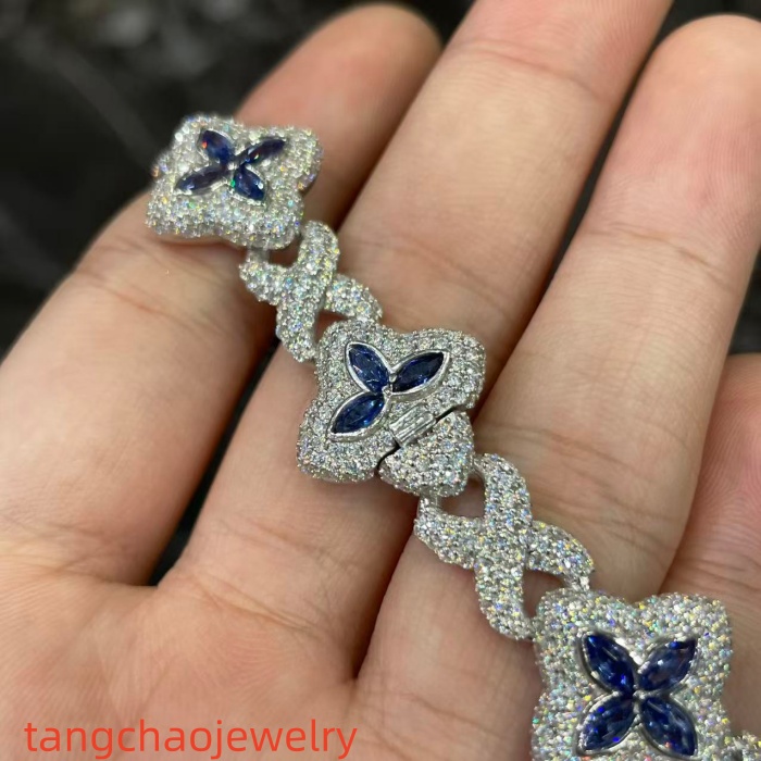 VVS Moissanite 925 Sterling Silver Miami Bracelet 9mm 8 inches, set with blue gemstones.