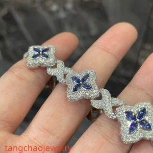 VVS Moissanite 925 Sterling Silver Miami Bracelet 9mm 8 inches, set with blue gemstones.