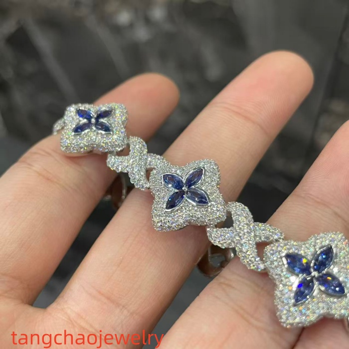 VVS Moissanite 925 Sterling Silver Miami Bracelet 9mm 8 inches, set with blue gemstones.