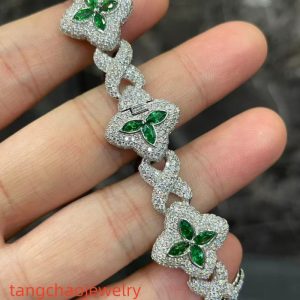 VVS Moissanite 925 Sterling Silver Miami Bracelet 9mm 8 inches, set with green gemstones.