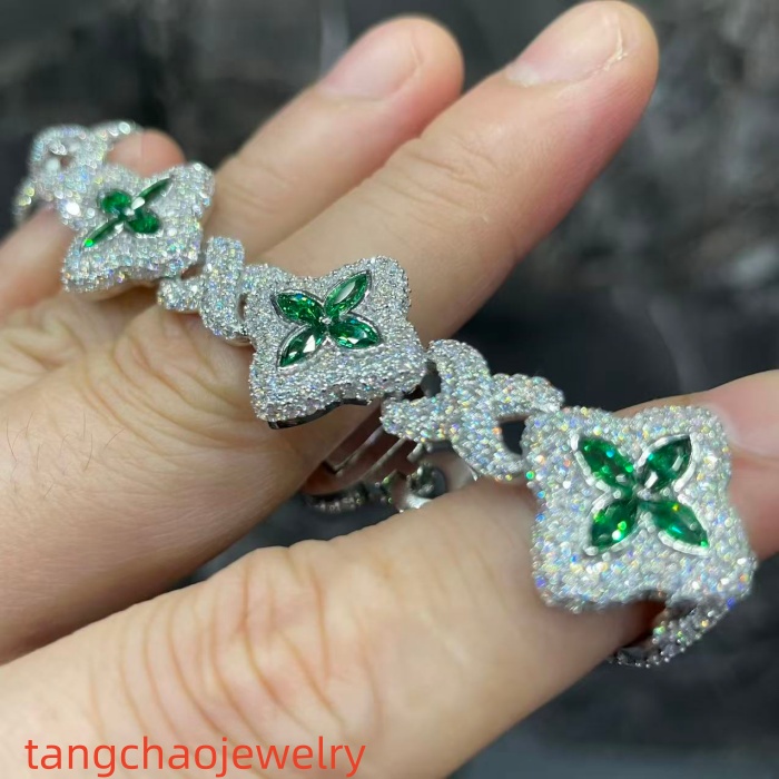 VVS Moissanite 925 Sterling Silver Miami Bracelet 9mm 8 inches, set with green gemstones.