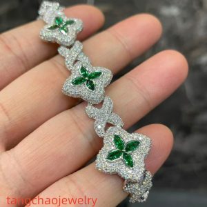 VVS Moissanite 925 Sterling Silver Miami Bracelet 9mm 8 inches, set with green gemstones.
