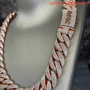 VVS Moissanite 925 Sterling Silver Miami Cuban Chain 22mm 22-inch Rose Gold Button Lettering