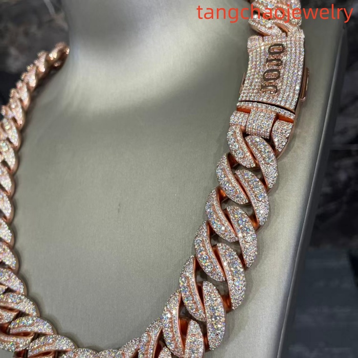 VVS Moissanite 925 Sterling Silver Miami Cuban Chain 22mm 22-inch Rose Gold Button Lettering