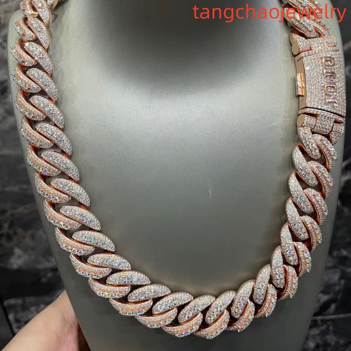 VVS Moissanite 925 Sterling Silver Miami Cuban Chain 22mm 22-inch Rose Gold Button Lettering