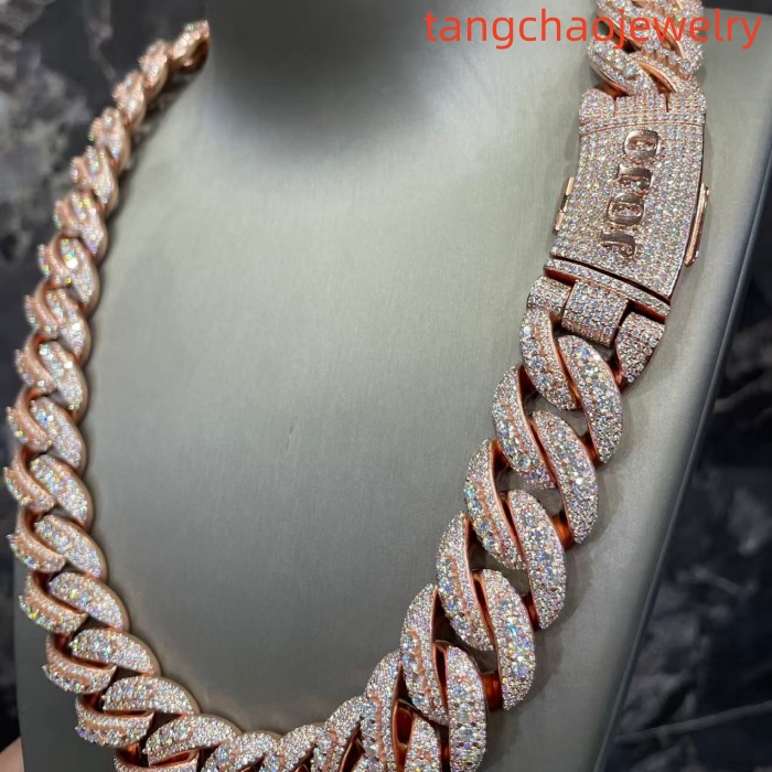 VVS Moissanite 925 Sterling Silver Miami Cuban Chain 22mm 22-inch Rose Gold Button Lettering