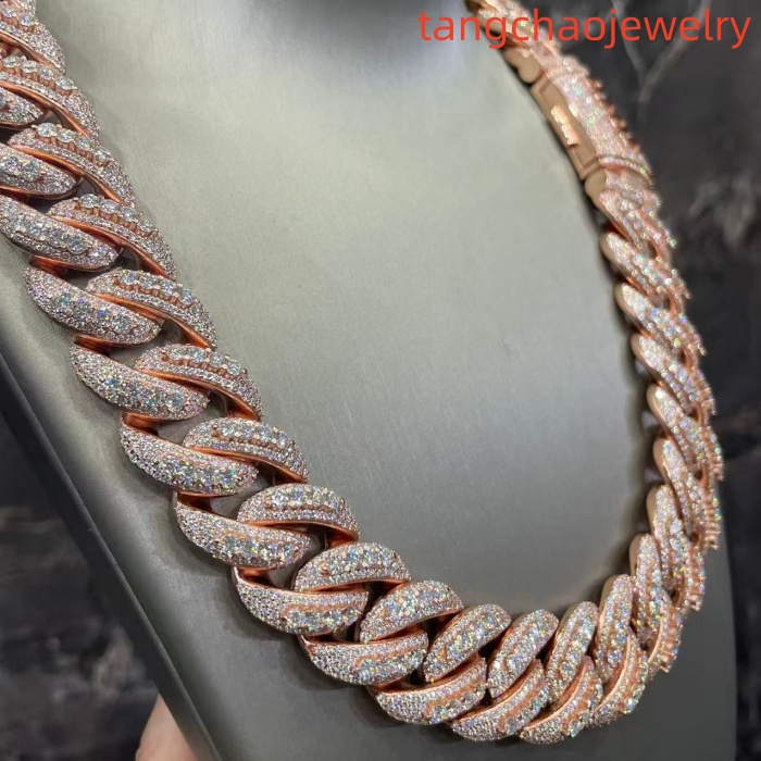 VVS Moissanite 925 Sterling Silver Miami Cuban Chain 22mm 22-inch Rose Gold Button Lettering