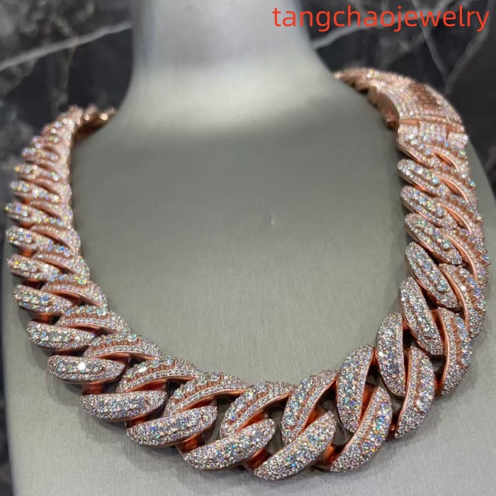VVS Moissanite 925 Sterling Silver Miami Cuban Chain 22mm 22-inch Rose Gold Button Lettering