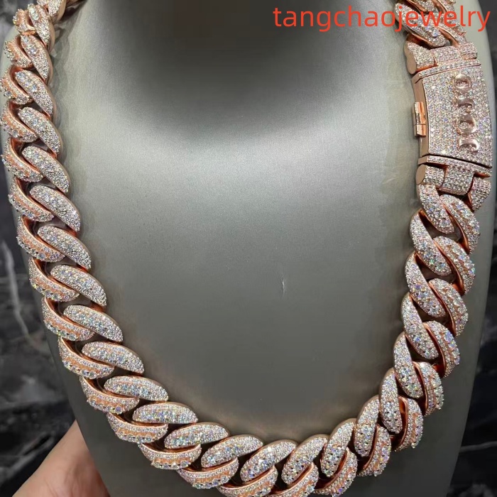 VVS Moissanite 925 Sterling Silver Miami Cuban Chain 22mm 22-inch Rose Gold Button Lettering